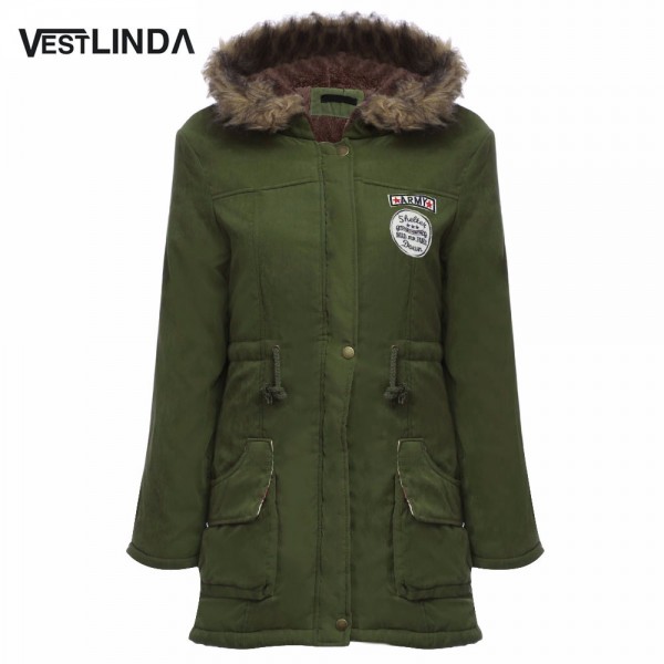 VESTLINDA Coats Big Size Fur Hooded Warm Coat Army Green Drawstring Jackets Coat Winter Jacket Women Warm Coats Parkas Plus Size