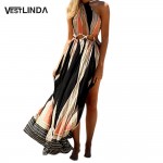 VESTLINDA Ethnic Printed Bohemian Women Summer Boho Split Long Dress Wrap Hollow Out Sleeveless Backless Women Maxi Beach Dress