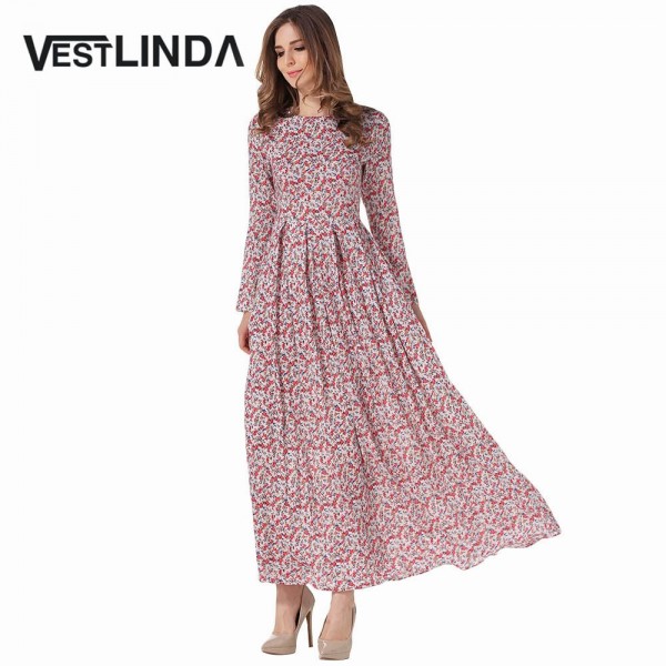 VESTLINDA Floral Print Maxi Dress Women Long Dresses Draped Ankle Length Robe Femme Vestidos Long Sleeve Spring Vintage Dress