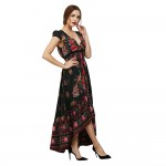 VESTLINDA Floral Print Maxi Dress Women Vintage A-Line Short Sleeve V Neck Empire Summer Sun Dresses Ankle Length Long Dress