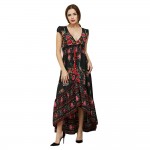 VESTLINDA Floral Print Maxi Dress Women Vintage A-Line Short Sleeve V Neck Empire Summer Sun Dresses Ankle Length Long Dress