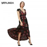 VESTLINDA Floral Print Maxi Dress Women Vintage A-Line Short Sleeve V Neck Empire Summer Sun Dresses Ankle Length Long Dress