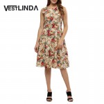 VESTLINDA Floral Print Summer Midi Dress Women O Neck Sleeveless Back Zipper Bow Tie Party Dresses Femme Floral A Line Dress