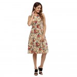 VESTLINDA Floral Print Summer Midi Dress Women O Neck Sleeveless Back Zipper Bow Tie Party Dresses Femme Floral A Line Dress