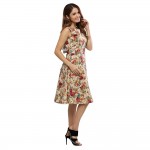 VESTLINDA Floral Print Summer Midi Dress Women O Neck Sleeveless Back Zipper Bow Tie Party Dresses Femme Floral A Line Dress