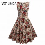 VESTLINDA Floral Print Summer Midi Dress Women O Neck Sleeveless Back Zipper Bow Tie Party Dresses Femme Floral A Line Dress