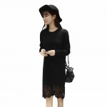 VESTLINDA Lace Spliced Vestidos Femme Brief Sweater Dress Autumn Winter Solid Knitted Dress O Neck Long Sleeve Women Jurken