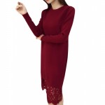 VESTLINDA Lace Spliced Vestidos Femme Brief Sweater Dress Autumn Winter Solid Knitted Dress O Neck Long Sleeve Women Jurken