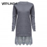 VESTLINDA Lace Spliced Vestidos Femme Brief Sweater Dress Autumn Winter Solid Knitted Dress O Neck Long Sleeve Women Jurken