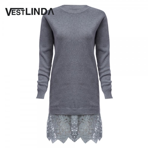 VESTLINDA Lace Spliced Vestidos Femme Brief Sweater Dress Autumn Winter Solid Knitted Dress O Neck Long Sleeve Women Jurken