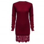 VESTLINDA Lace Spliced Vestidos Femme Brief Sweater Dress Autumn Winter Solid Knitted Dress O Neck Long Sleeve Women Jurken