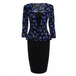 VESTLINDA OL Style Women Elegant Wear Work Business Pencil Dress V-Neck Floral 3/4 Sleeve Bodycon Faux Two Piece Office Dress