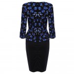 VESTLINDA OL Style Women Elegant Wear Work Business Pencil Dress V-Neck Floral 3/4 Sleeve Bodycon Faux Two Piece Office Dress