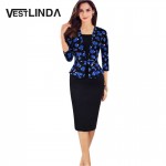 VESTLINDA OL Style Women Elegant Wear Work Business Pencil Dress V-Neck Floral 3/4 Sleeve Bodycon Faux Two Piece Office Dress