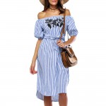 VESTLINDA Off Shoulder Blue Striped Shirt Dress Women Short Lantern Sleeve Midi Dresses Vestidos 2017 Casual Embroidery Dress