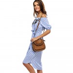 VESTLINDA Off Shoulder Blue Striped Shirt Dress Women Short Lantern Sleeve Midi Dresses Vestidos 2017 Casual Embroidery Dress