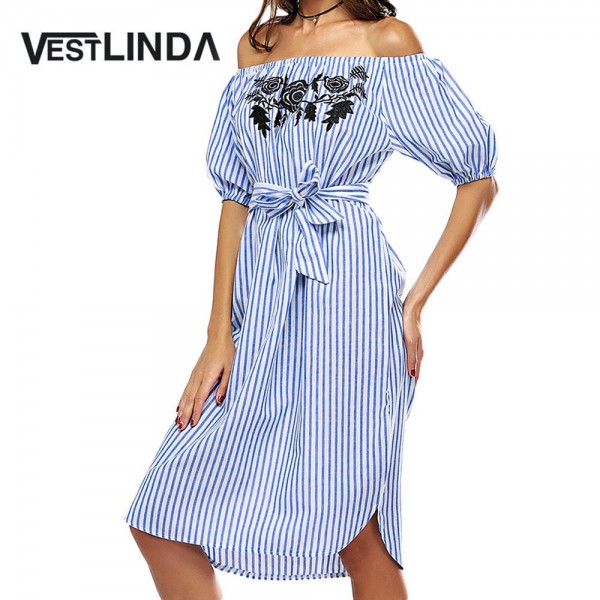 VESTLINDA Off Shoulder Blue Striped Shirt Dress Women Short Lantern Sleeve Midi Dresses Vestidos 2017 Casual Embroidery Dress