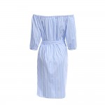 VESTLINDA Off Shoulder Blue Striped Shirt Dress Women Short Lantern Sleeve Midi Dresses Vestidos 2017 Casual Embroidery Dress