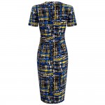 VESTLINDA Plaid Print Bodycon Dress Women Elegant Square Neck Midi Dress Casual Slim Pencil Dress Short Sleeve Summer Vestidos