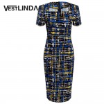 VESTLINDA Plaid Print Bodycon Dress Women Elegant Square Neck Midi Dress Casual Slim Pencil Dress Short Sleeve Summer Vestidos