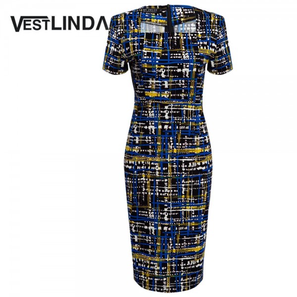 VESTLINDA Plaid Print Bodycon Dress Women Elegant Square Neck Midi Dress Casual Slim Pencil Dress Short Sleeve Summer Vestidos