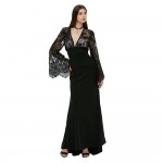 VESTLINDA Sexy Club Dress Women Evening Party Dresses Black Lace Flare Sleeve See-through Backless Long Vestidos Maxi Dress