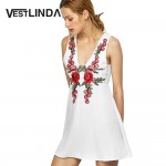 VESTLINDA Sexy Summer Beach Dress Plunging Neck Sleeveless Embroidery A Line Mini Dress Women Vestidos De Festa Ladies Dress