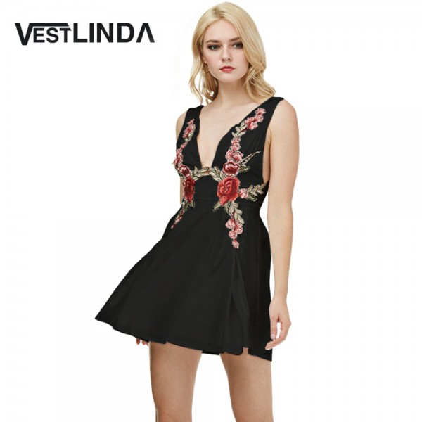 VESTLINDA Sexy Summer Beach Dress Plunging Neck Sleeveless Embroidery A Line Mini Dress Women Vestidos De Festa Ladies Dress