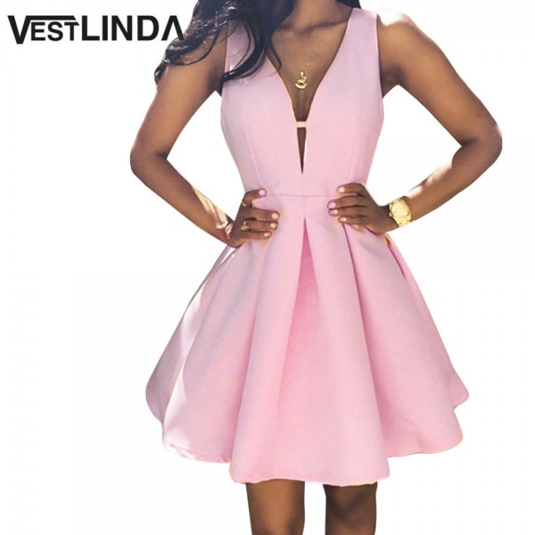 VESTLINDA Skater Dress Women Vestidos De Festa Summer Sleeveless Pleated Night Club Dress Sexy Pink V Neck Mini Party Dresses