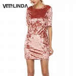 VESTLINDA Spring Casual Velvet Mini T-shirt Dress Women Half Sleeve O Neck Sexy Party Dresses Straight Velvet T Shirt Dress