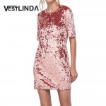 VESTLINDA Spring Casual Velvet Mini T-shirt Dress Women Half Sleeve O Neck Sexy Party Dresses Straight Velvet T Shirt Dress