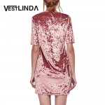 VESTLINDA Spring Casual Velvet Mini T-shirt Dress Women Half Sleeve O Neck Sexy Party Dresses Straight Velvet T Shirt Dress