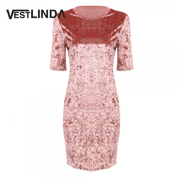 VESTLINDA Spring Casual Velvet Mini T-shirt Dress Women Half Sleeve O Neck Sexy Party Dresses Straight Velvet T Shirt Dress