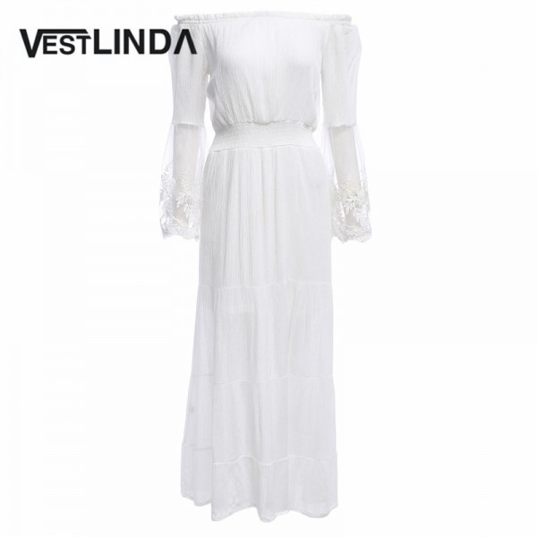 VESTLINDA Spring Elegant Women Dresses 2017 Off The Shoulder Flare Sleeve See-through Sexy Lace Dress White Lace Midi Dresses