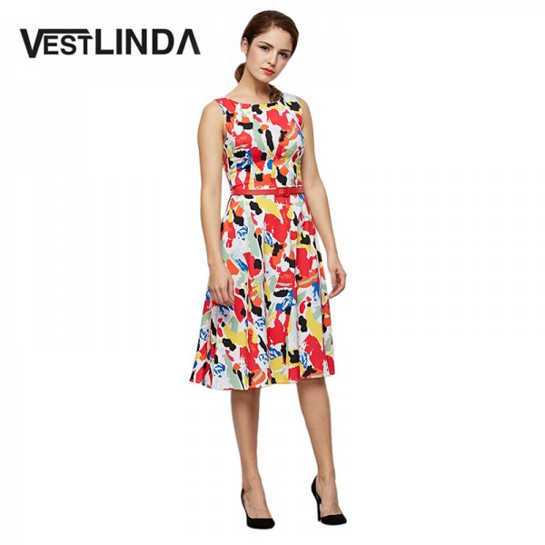 VESTLINDA Spring Fashion Women Dress 2017 Ladies O Neck Sleeveless Sheath Party Dress Elegant Allover Print Sash Dresse vestido