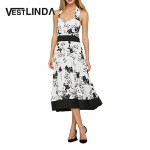 VESTLINDA Spring Vintage Floral Print Dress Women Halter Neck Sleeveless A-Line Party Dresses Elegant Midi Dress vestido