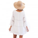 VESTLINDA Summer Boho Women White Mini T Shirt Dress Ladies Elegant Hollow Lace Bohemian Beach Short Dress Casual Party Dresses