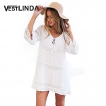 VESTLINDA Summer Boho Women White Mini T Shirt Dress Ladies Elegant Hollow Lace Bohemian Beach Short Dress Casual Party Dresses