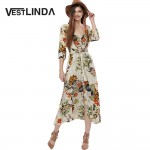 VESTLINDA Vintage Dress Allover Floral Print Elastic Waist Split Long Dress V Neck 3/4 Sleeve Robe Femme Women 2017 Summer Dress