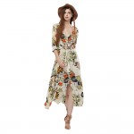 VESTLINDA Vintage Dress Allover Floral Print Elastic Waist Split Long Dress V Neck 3/4 Sleeve Robe Femme Women 2017 Summer Dress