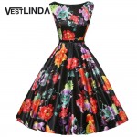 VESTLINDA Vintage Dresses 50s 60s Floral Print 2017 Summer Tunic Dress Women Elegant A line Audrey Hepburn Ball Gown Midi Dress