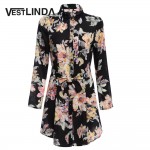 VESTLINDA Vintage Shirt Dresses Women 2017 Vestido Turn Down Collar Long Sleeve Casual Dresses Sashes Floral Print Mini Dress