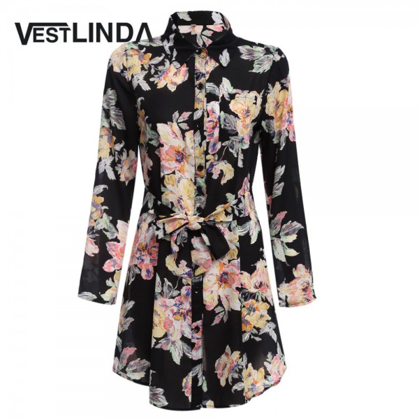 VESTLINDA Vintage Shirt Dresses Women 2017 Vestido Turn Down Collar Long Sleeve Casual Dresses Sashes Floral Print Mini Dress