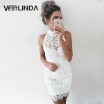 VESTLINDA White Lace Dress Women 2017  Summer Sexy Bodycon Dress Stand Collar Sleeveless Vestidos De Festa Ladies Mini Dresses