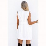 VESTLINDA White Long Blazer Vest Coat Ladies Casual Outwear Cardigan Waistcoat Women Sleeveless Jacket Female Vest with Belt