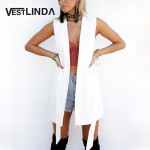 VESTLINDA White Long Blazer Vest Coat Ladies Casual Outwear Cardigan Waistcoat Women Sleeveless Jacket Female Vest with Belt