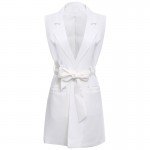 VESTLINDA White Long Blazer Vest Coat Ladies Casual Outwear Cardigan Waistcoat Women Sleeveless Jacket Female Vest with Belt