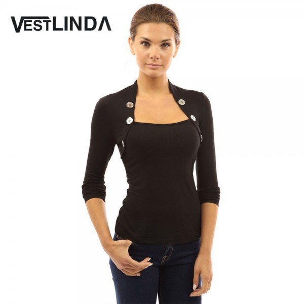 VESTLINDA Women T Shirt Tops Fall Tee Shirt Buttons Long Sleeve Ladies Shirts Knitted Femme Blusas Women Plus Size Black T-Shirt
