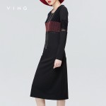 VING 2017 Dresses Autumn New Straight Dress Net Spliced Patchwork O-Neck Long Sleeve Black