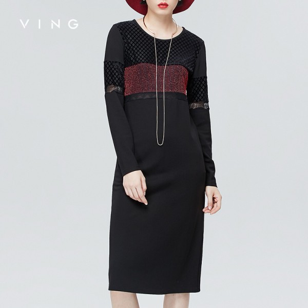 VING 2017 Dresses Autumn New Straight Dress Net Spliced Patchwork O-Neck Long Sleeve Black